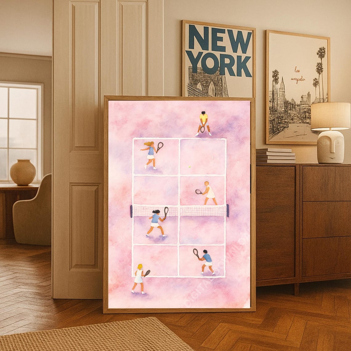 Pink Tennis Court Watercolor Illustration With Tiny Players Poster