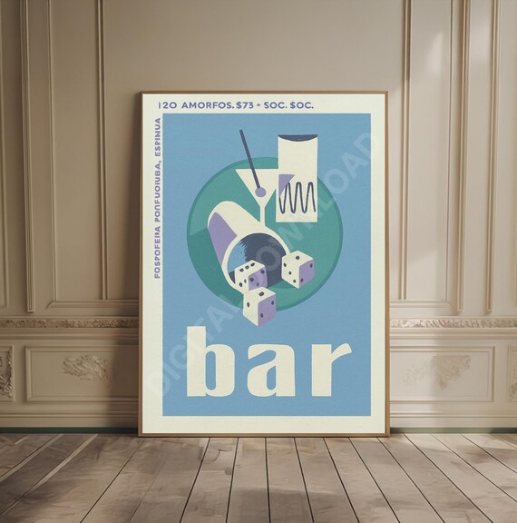 Retro Blue Bar Art with Cocktail Dice and Big Bar Lettering Poster