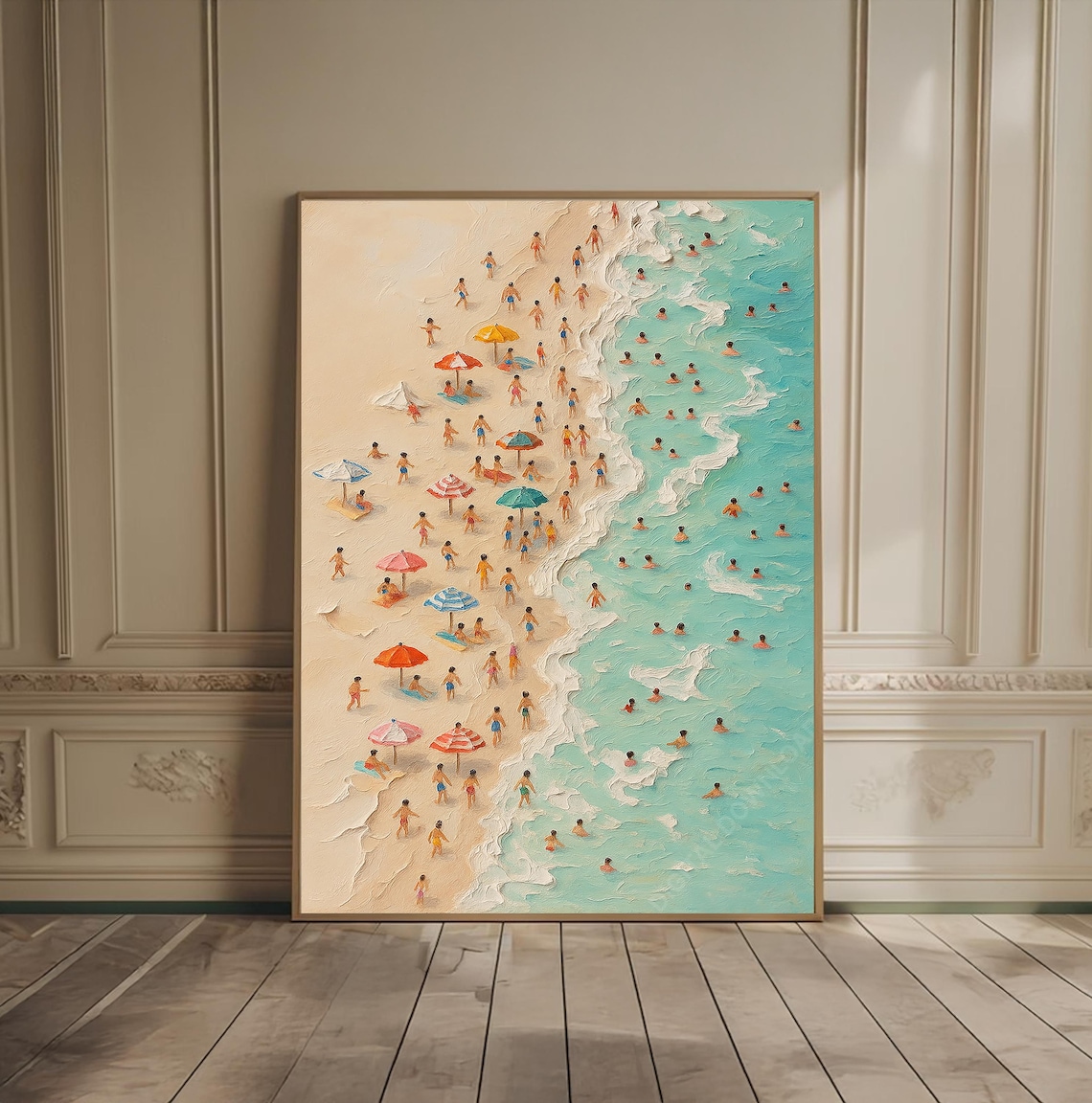 Tiny People Ocean Oil Painting, Minimalist Beach Art
