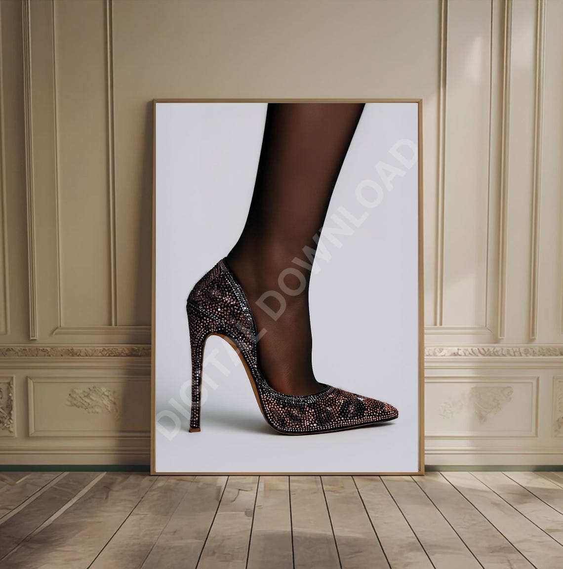 Crystal Leopard Stiletto Heel Luxury Fashion Editorial Poster