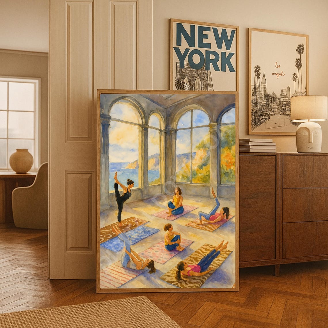 Women Yoga Class Poster Seaside Studio Watercolor Fitness Wellness Art