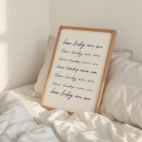 How Lucky Are We Navy Script Repeated Gratitude Quote Poster