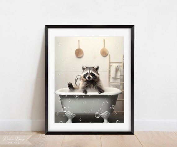 Raccoon Bubble Bath Art Wall Art Clawfoot Tub Home Decor Bathroom Decor Cute Instant