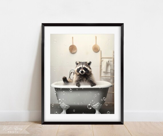 Raccoon Lounging In Clawfoot Bubble Bath Funny Cute Bathroom Animal Poster