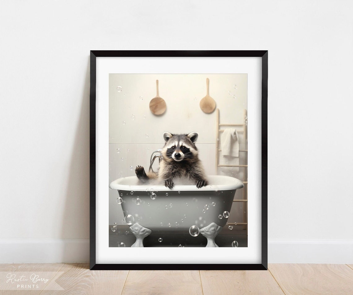 Raccoon Bubble Bath Art Wall Art Clawfoot Tub Home Decor Bathroom Decor Cute Instant