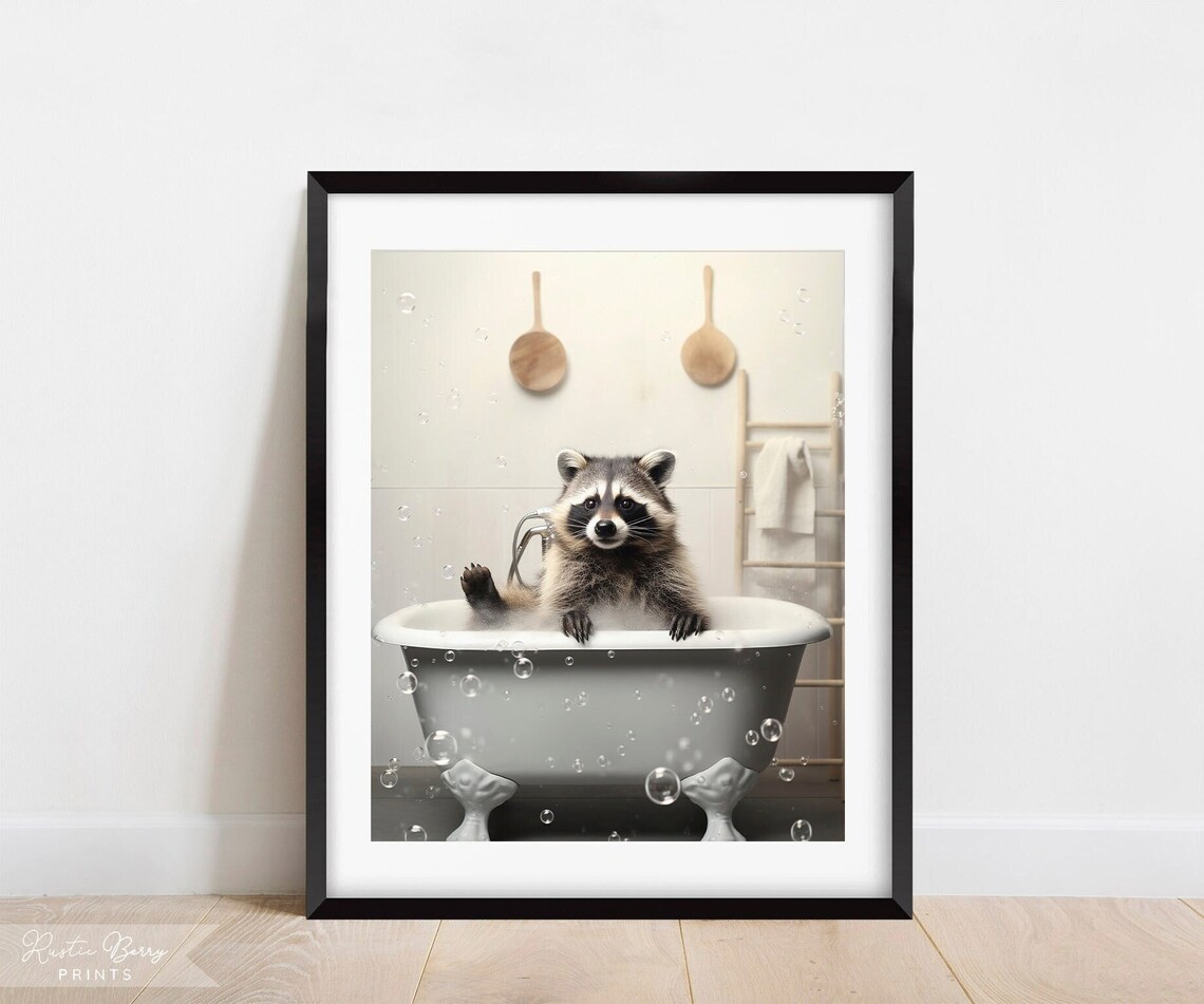 Raccoon Lounging In Clawfoot Bubble Bath Funny Cute Bathroom Animal Poster