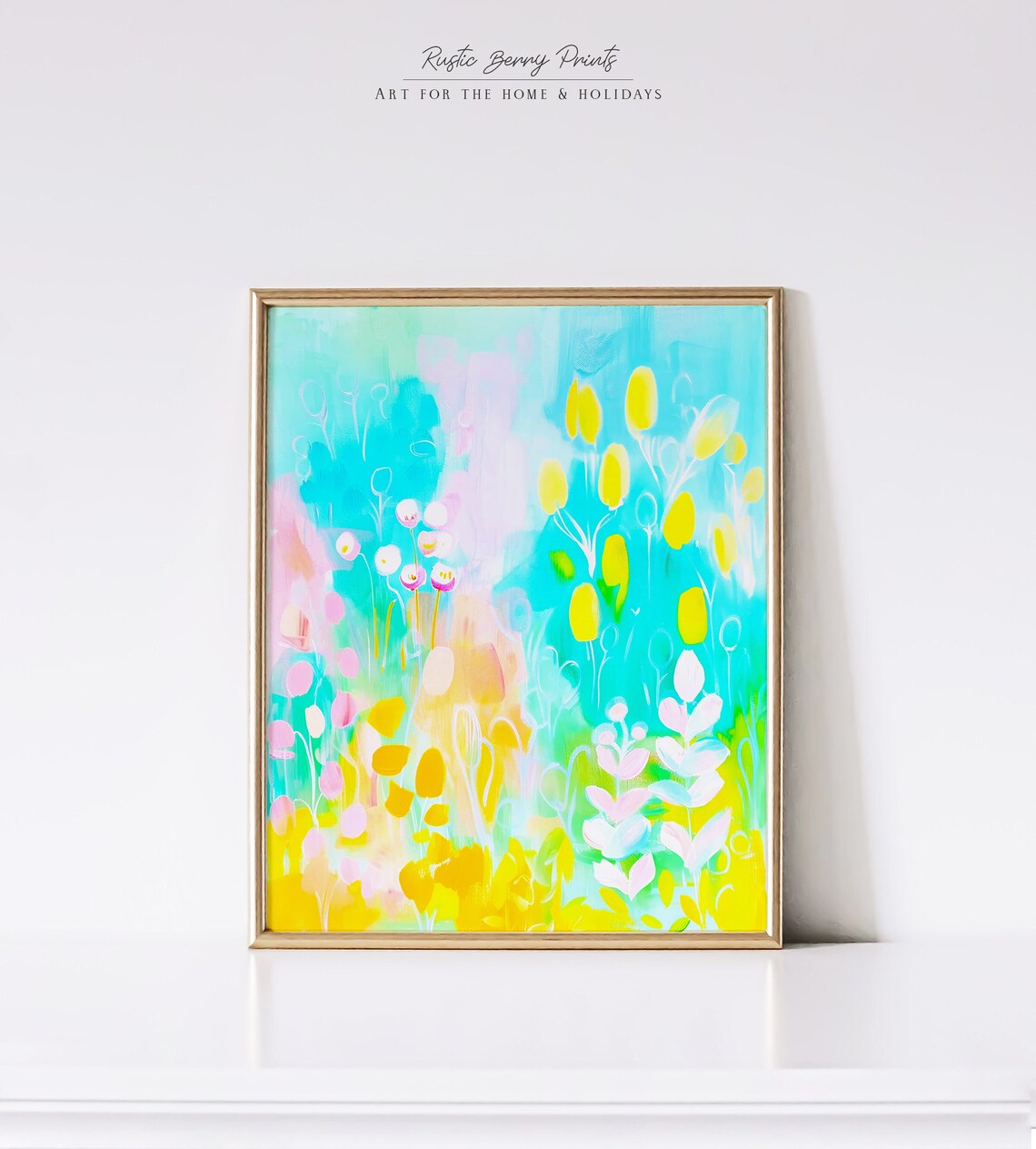 Turquoise Yellow Pink Abstract Wildflower Meadow Painting Wall Art
