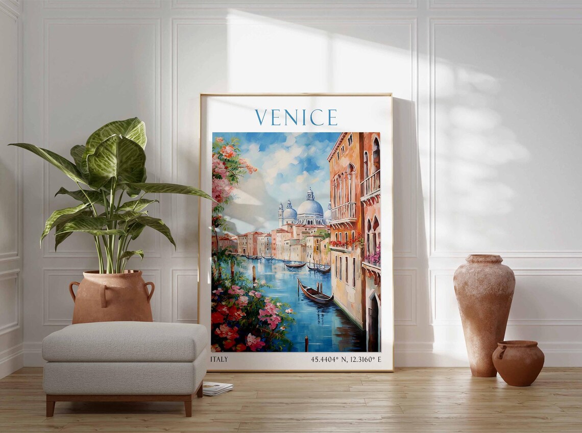 Venice Grand Canal Gondola Scene Floral Frame Italy Travel Print - Image 3