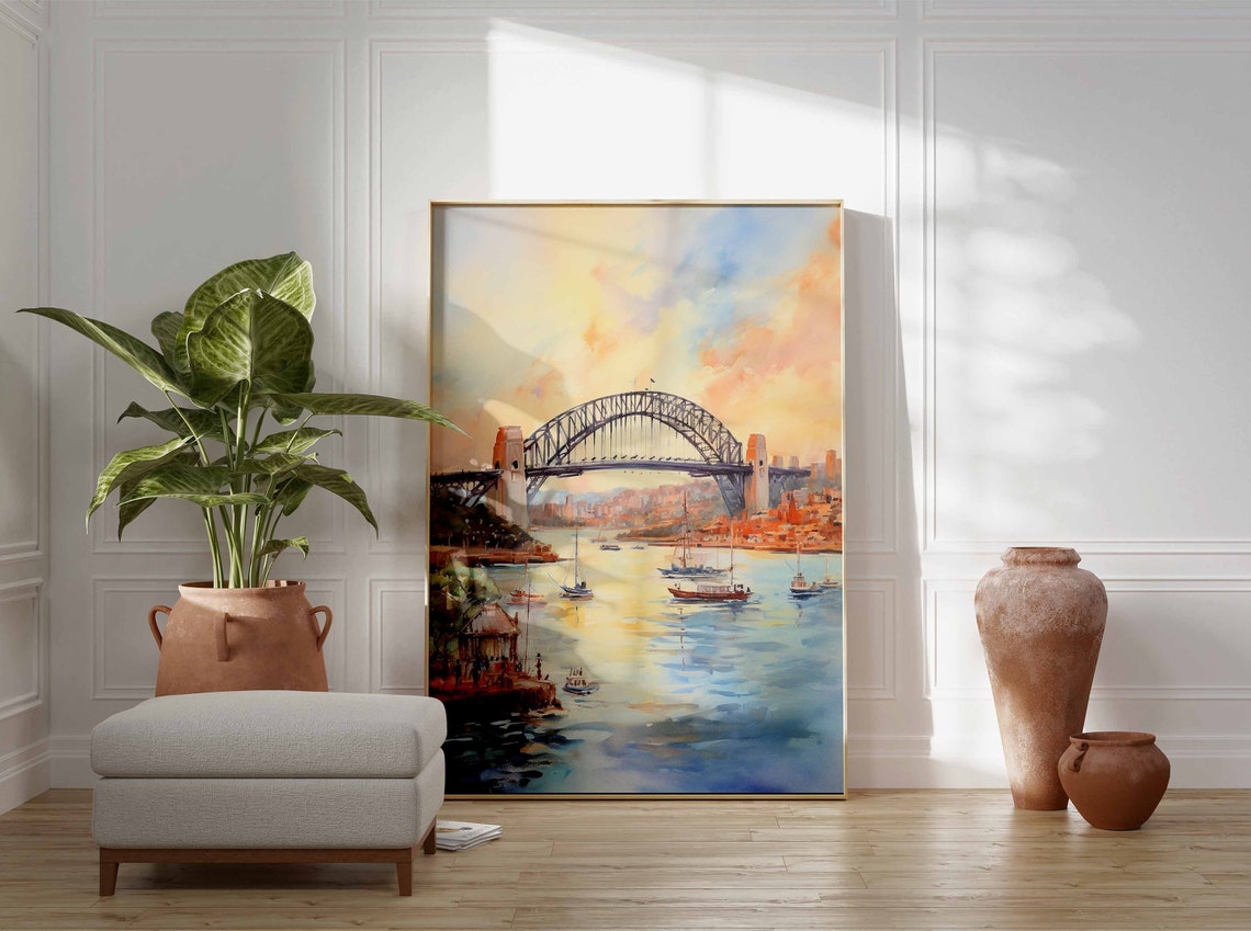 Sydney Harbour Bridge at Golden Sunset Watercolor Travel Poster - Image 3