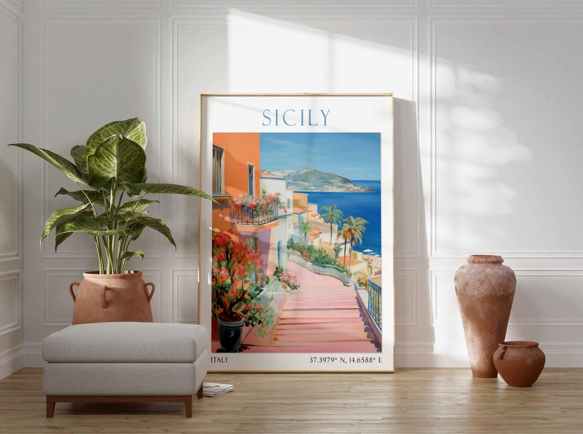 Sicily Coastal Village Steps Seaside Town Watercolor Travel Poster - Image 3