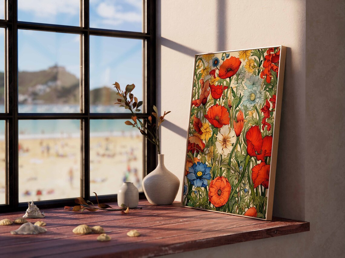 Red Poppy And Cornflower Art Nouveau Wildflower Meadow Poster - Image 3