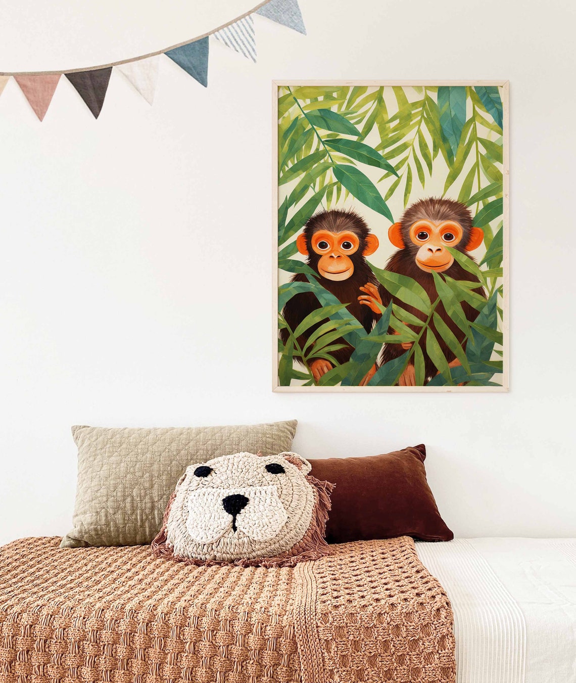 Two Curious Monkeys Peeking Through Palm Leaves Poster Nursery - Image 3