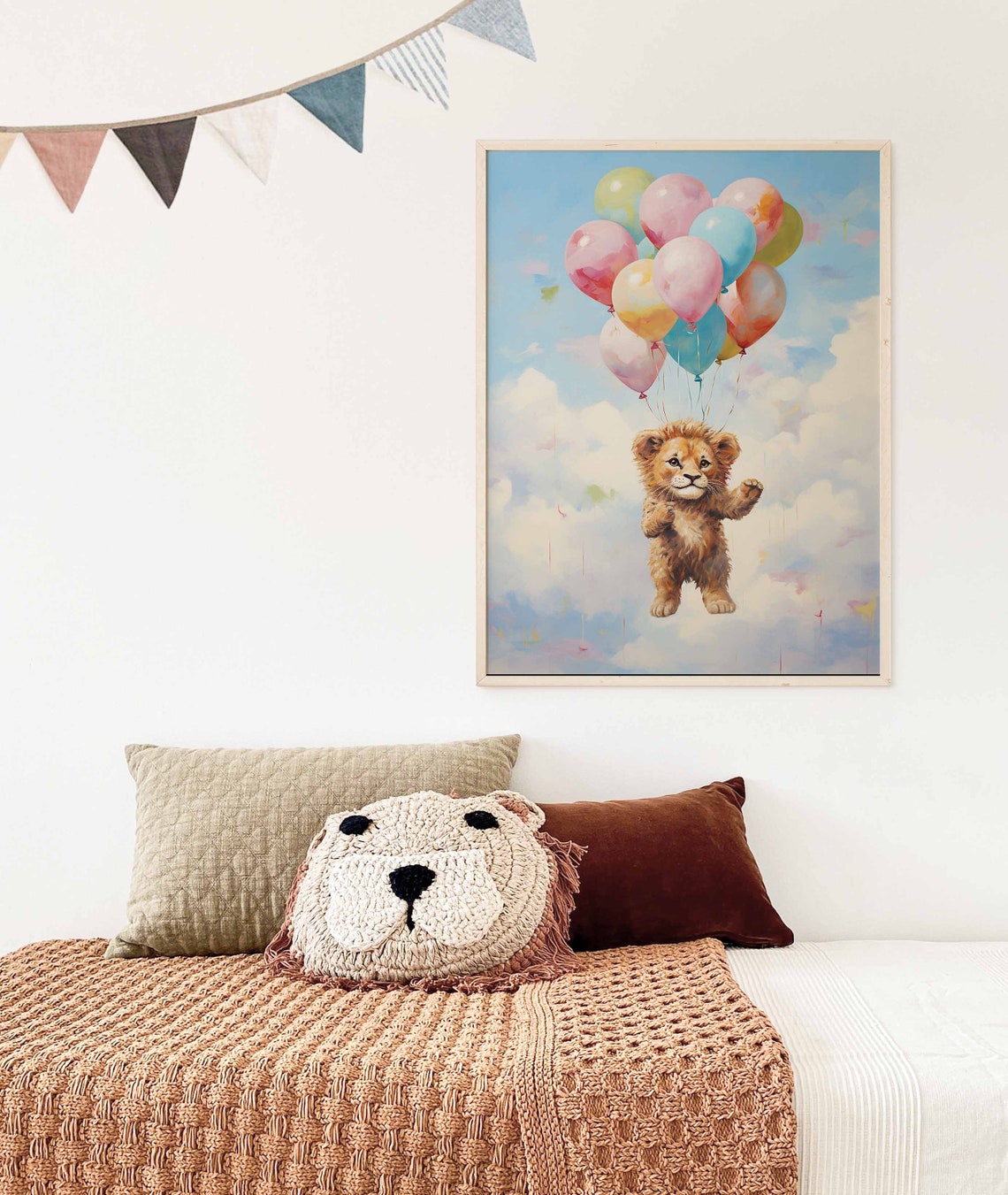 Lion Cub Floating with Pastel Balloons Safari Nursery Poster - Image 3