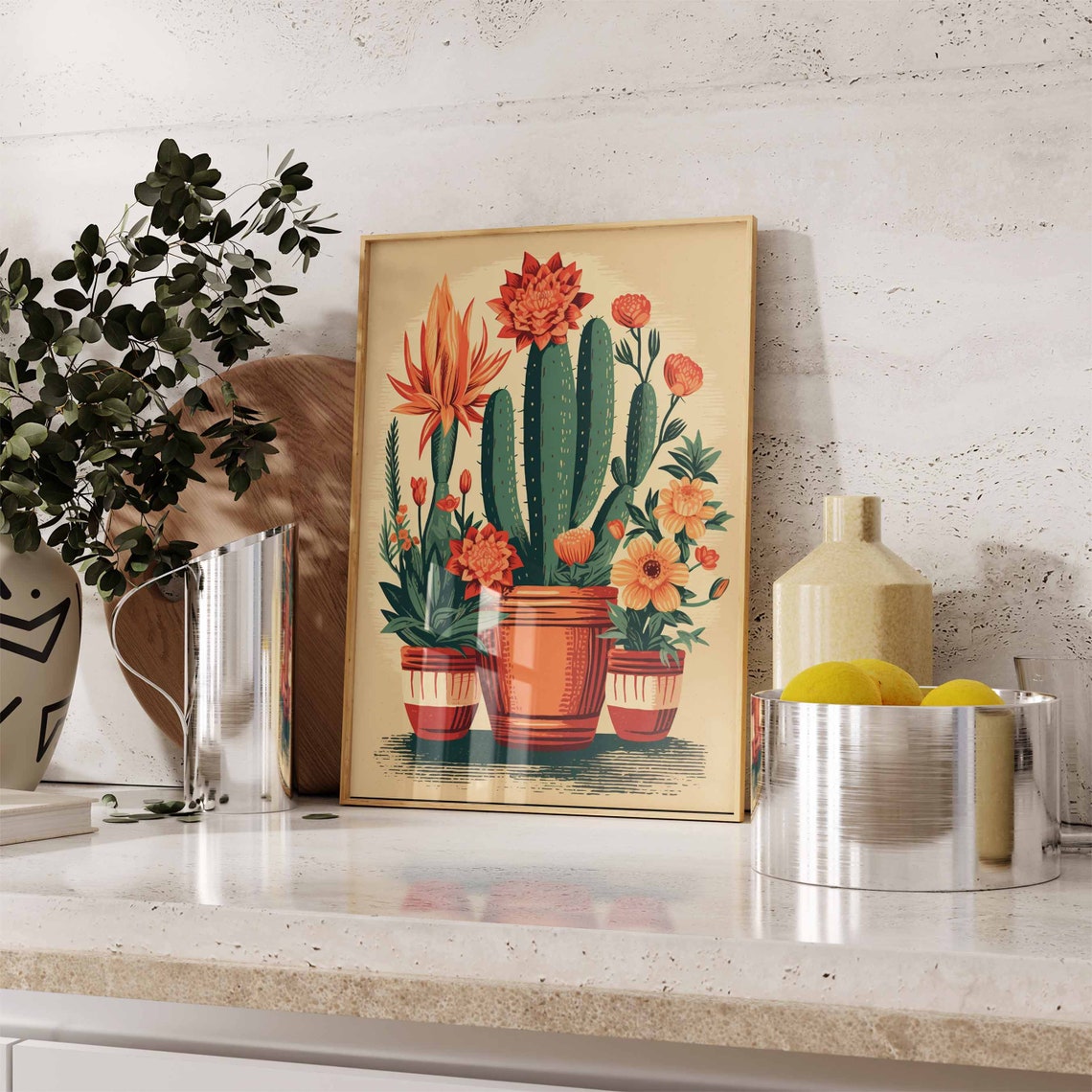 Tall Blooming Cactus Terracotta Pots Retro Mexican Botanical Print - Image 2