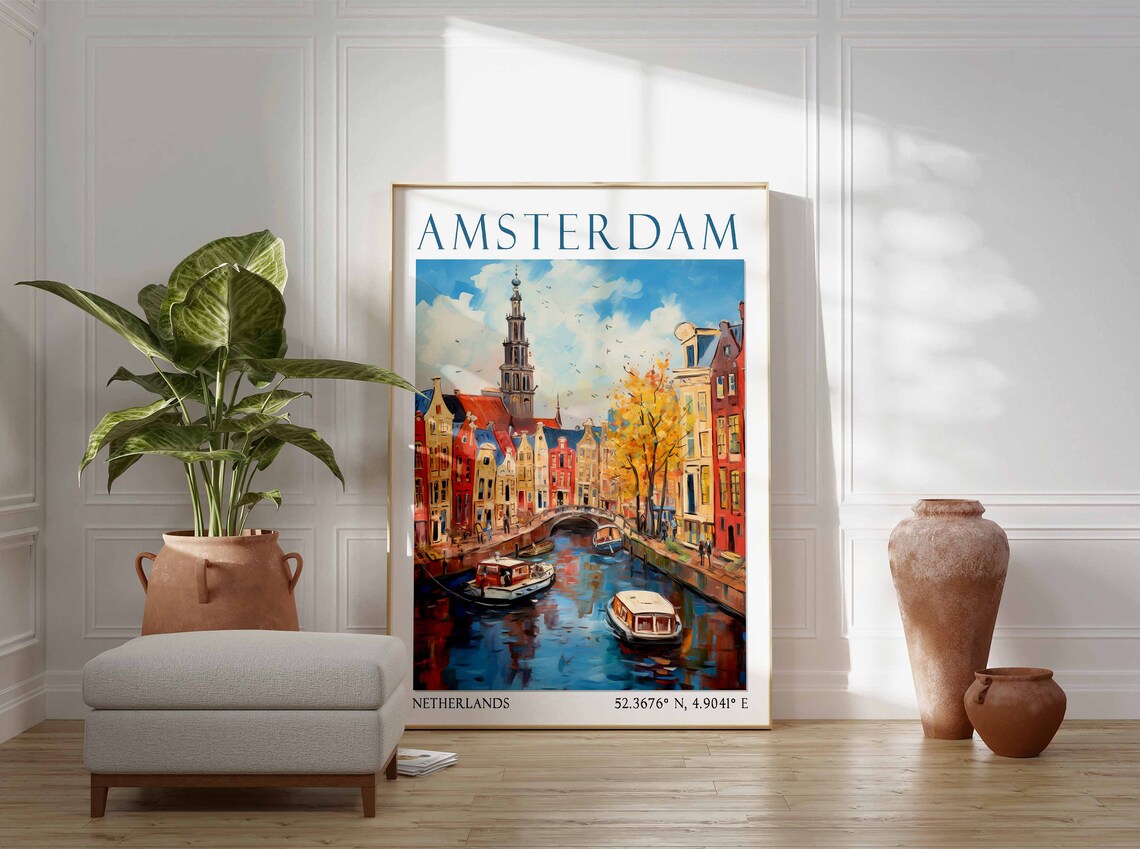 Amsterdam Canal with Colorful Houses and Boats Autumn Poster Art - Image 2