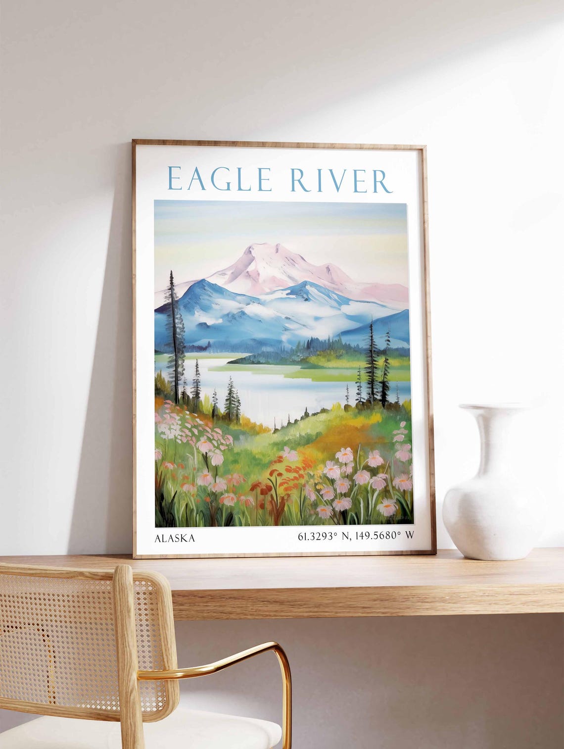 Eagle River Alaska Snow Mountain Lake Wildflowers Nature Travel Poster
