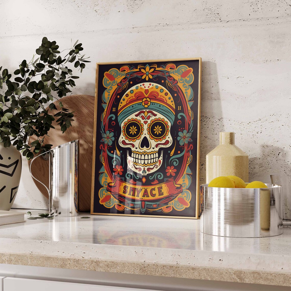 Day of the Dead Sugar Skull with Vintage Lettering Folk Art Poster - Image 2