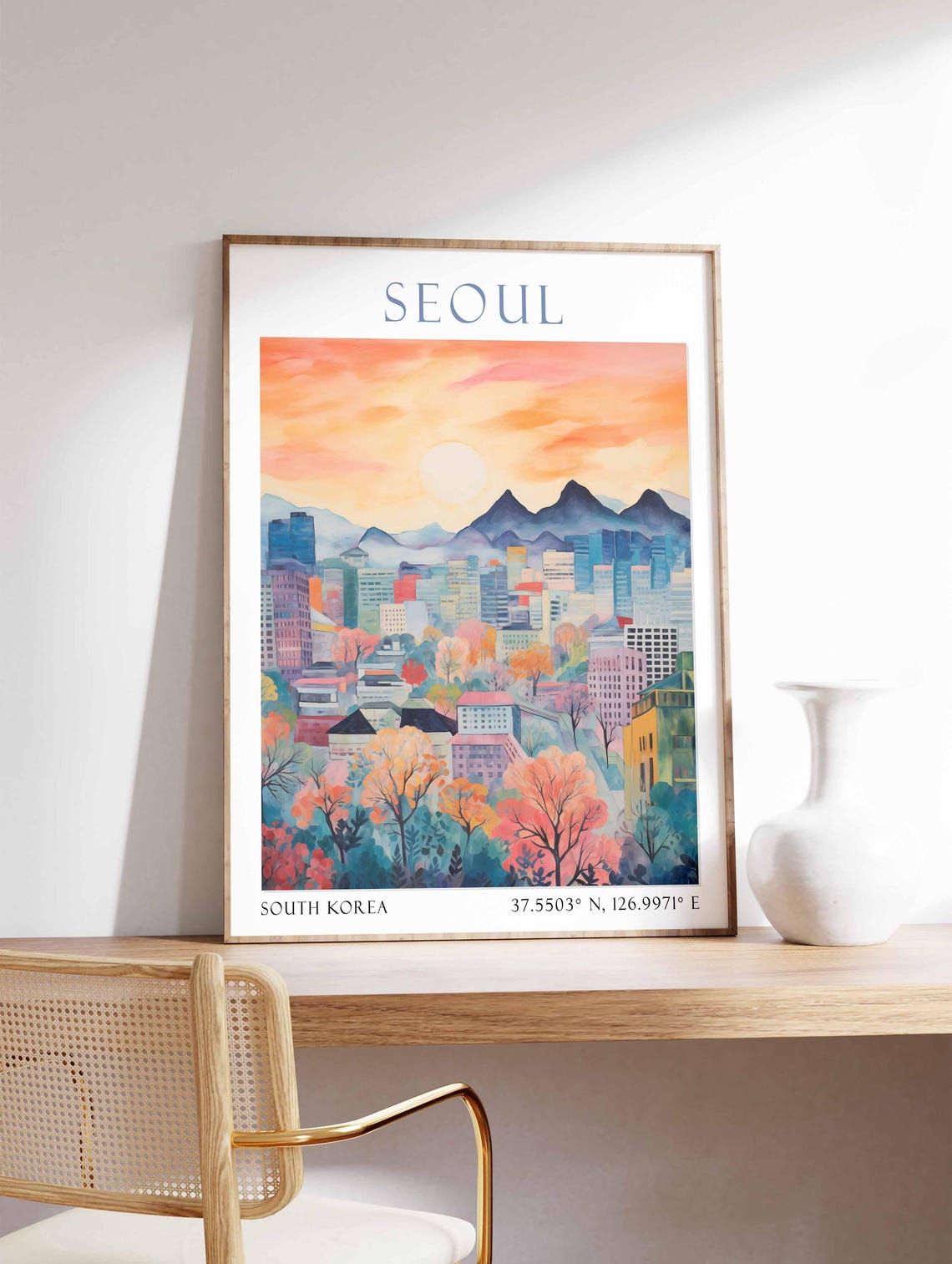 Seoul South Korea Skyline Sunset Mountains Watercolor Travel Poster - Image 4