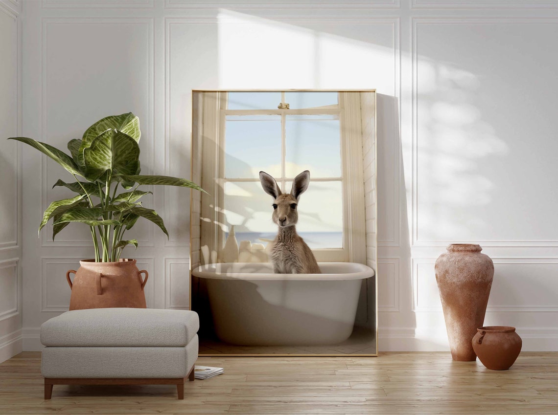 Joey Kangaroo Bathing In A Bathtub With A Bright Ocean View Poster - Image 3
