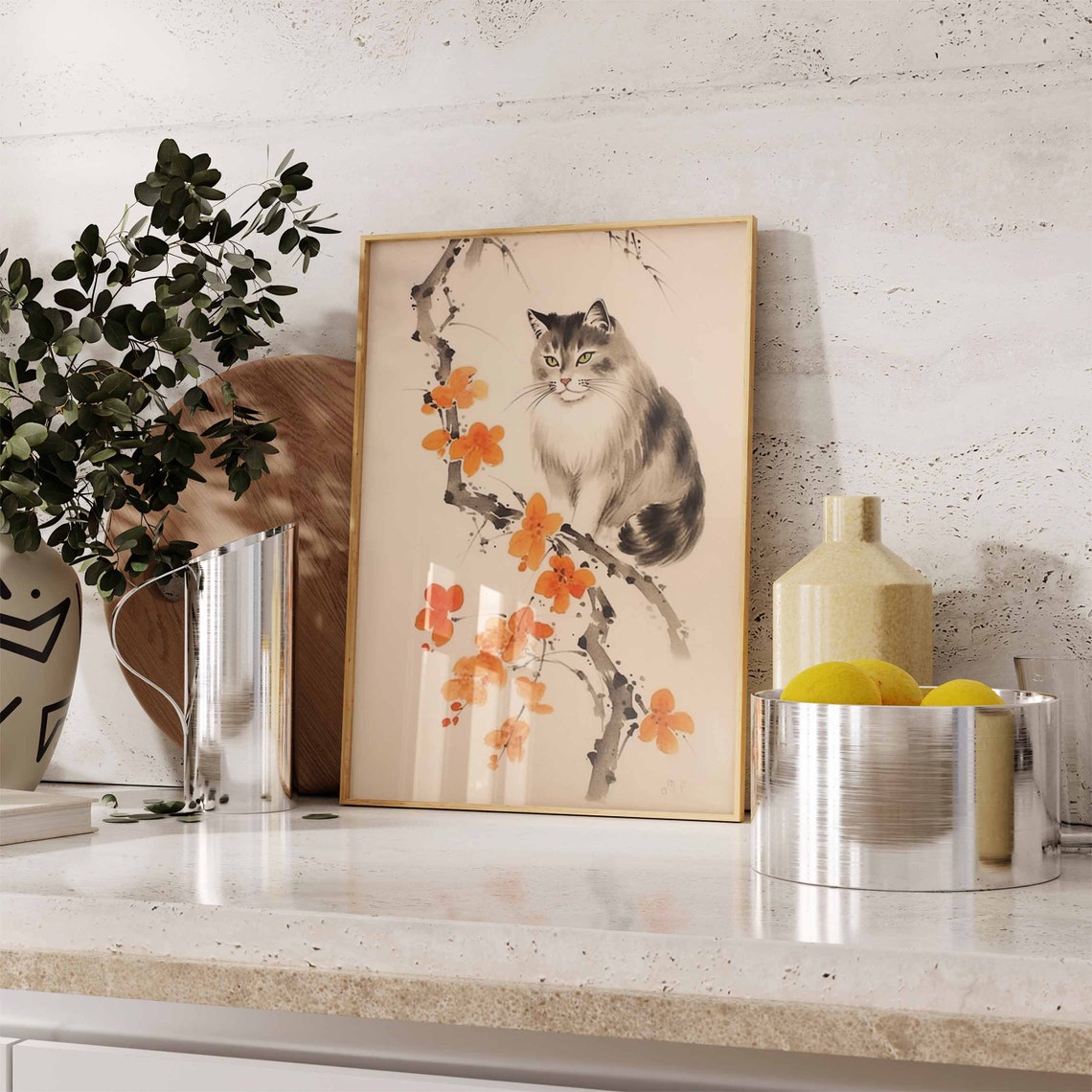 Japanese Ink Wash Longhair Cat On Orange Blossom Branch Poster - Image 2