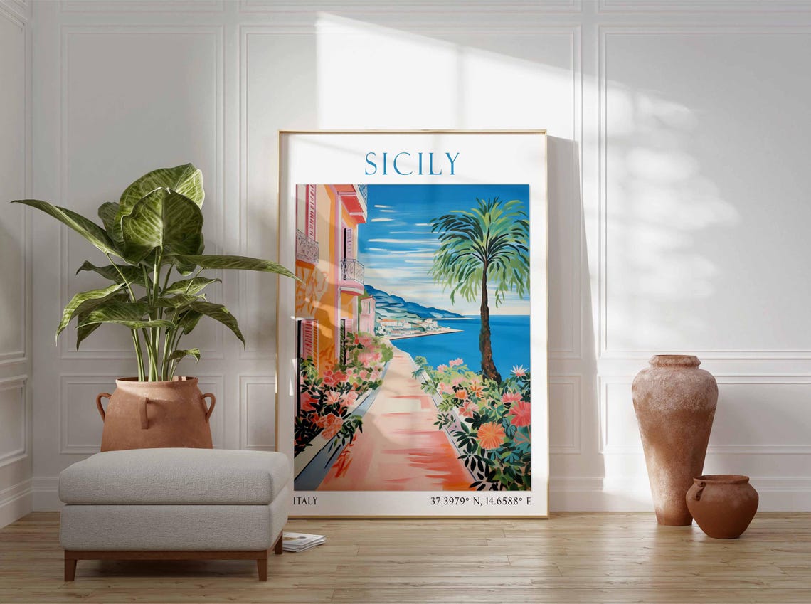 Sicily Seaside Promenade Bougainvillea Watercolor Travel Poster - Image 3