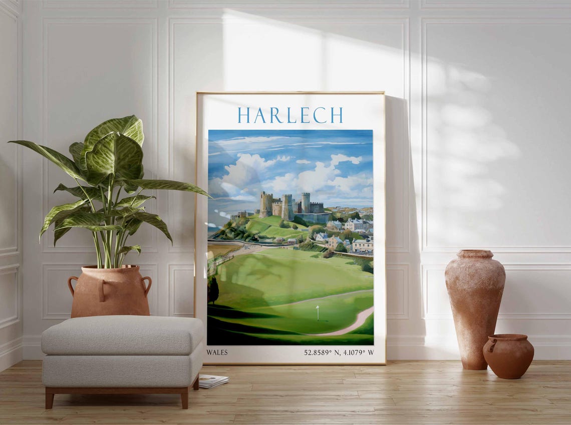 Harlech Wales Castle Hilltop Town Golf Links Coastal View Poster - Image 2