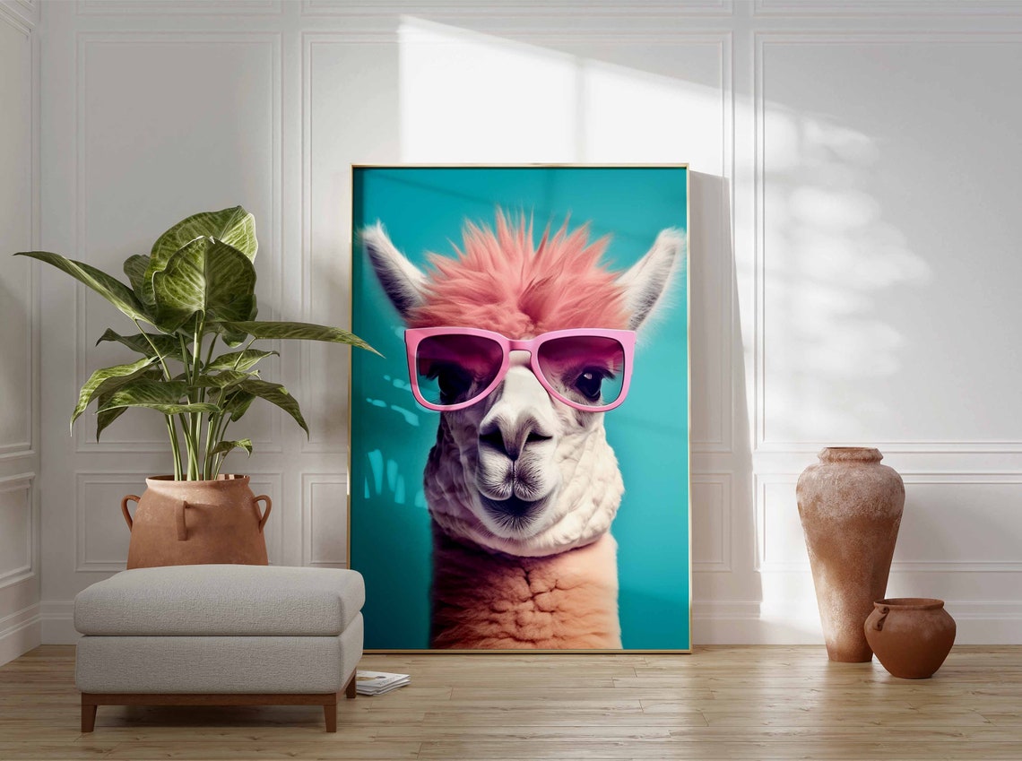 Fluffy Llama Wearing Pink Sunglasses on a Teal Background Poster - Image 3