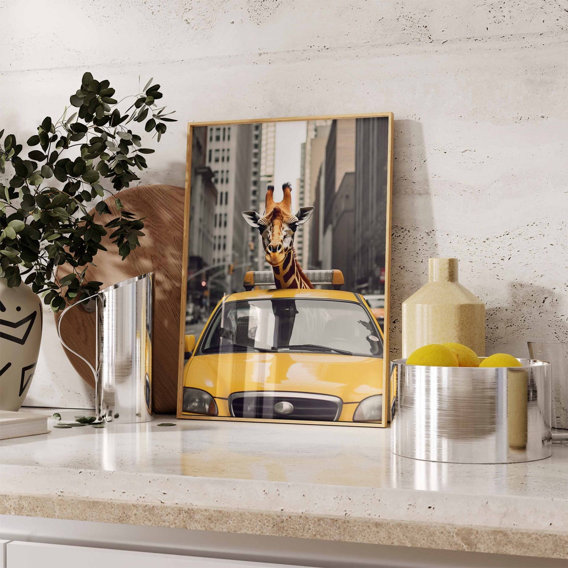 Giraffe Riding in a Yellow New York City Taxi Cab Funny Poster - Image 2