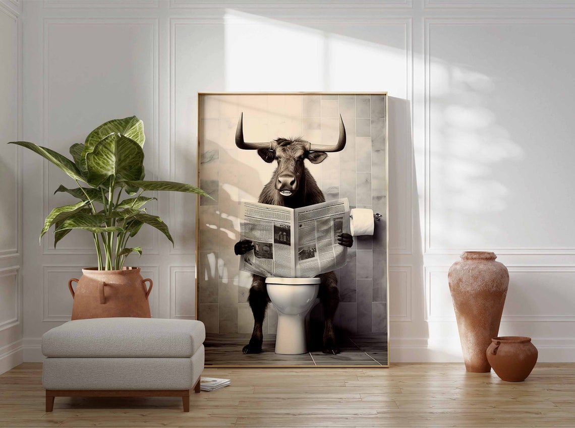 Cow Reading Newspaper Funny Bathroom Toilet Humor Gift Poster - Image 3