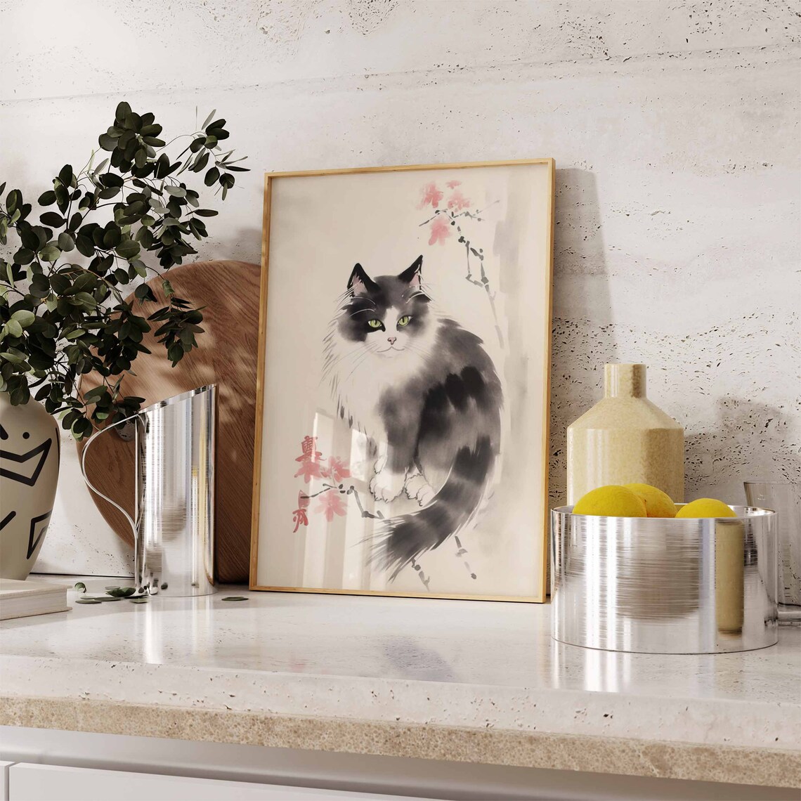 Japanese Ink Wash Longhair Cat Pink Blossom Branch Art Poster - Image 2
