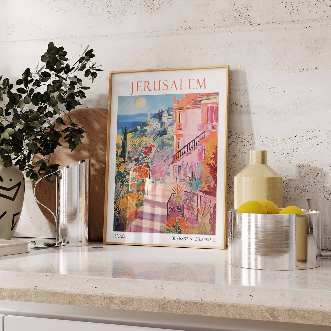 Jerusalem Pink Villa Flower Garden Stairs Watercolor Travel Poster - Image 3