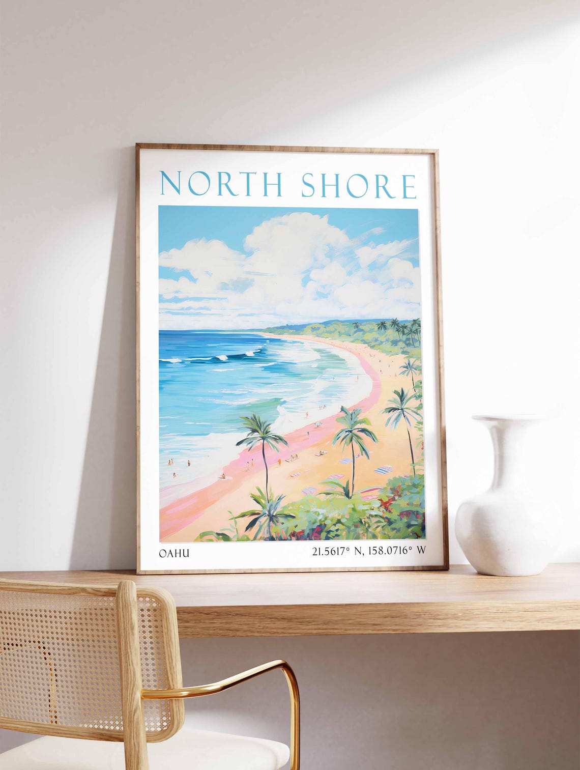 North Shore Hawaii Sandy Beach Surfers Watercolor Travel Poster - Image 3