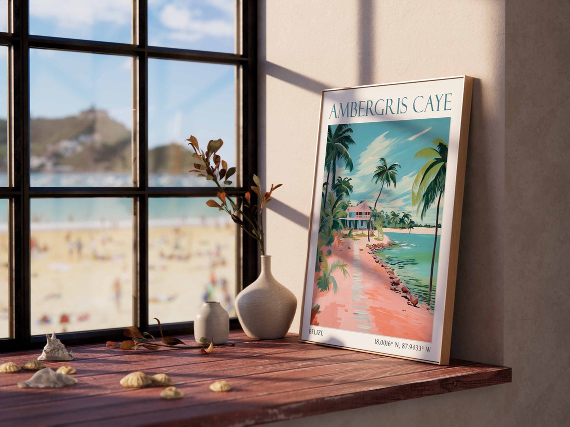 Ambergris Caye Belize Travel Poster Pink Beach Palms View Art - Image 3