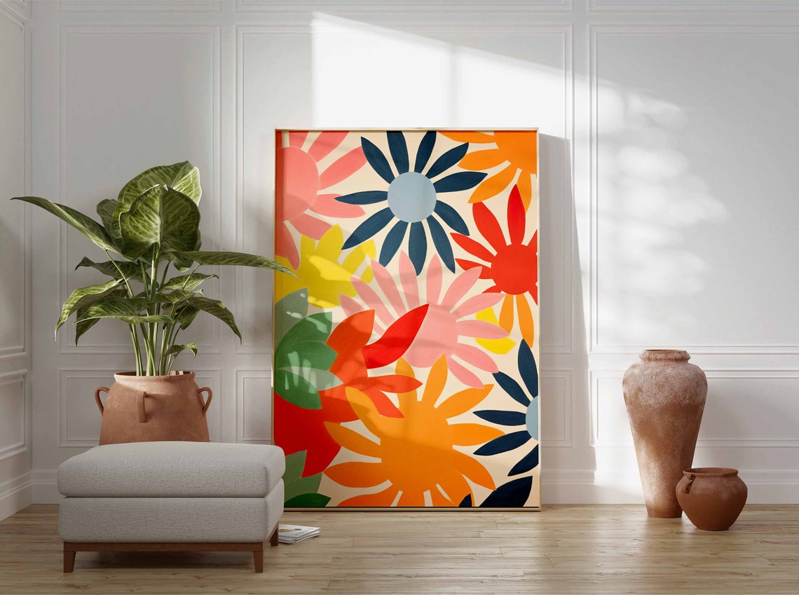 Bold Abstract Daisy Sunflower Retro Mid Century Colorful Print - Image 3