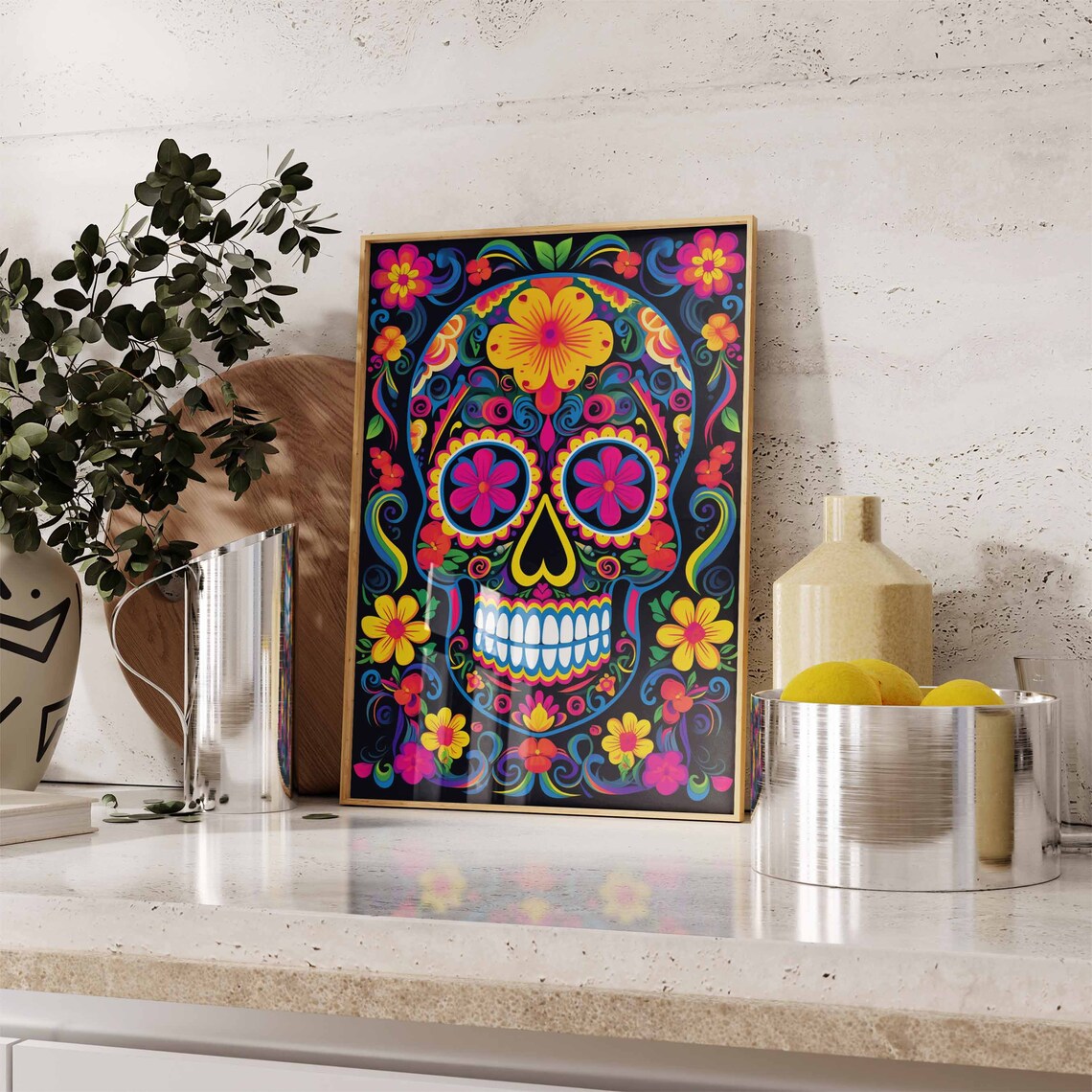 Rainbow Sugar Skull Floral Mandala Poster with Flowers on Black - Image 2