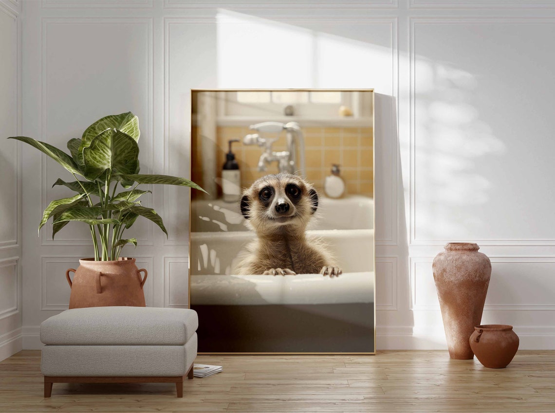 Baby Meerkat Peeking Over The White Bathtub Edge Close Up Poster - Image 3