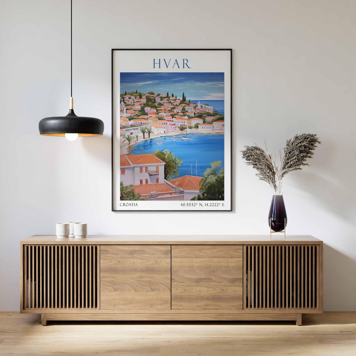 Hvar Croatia Old Town Harbor Bay Panorama Watercolor Travel Poster - Image 2