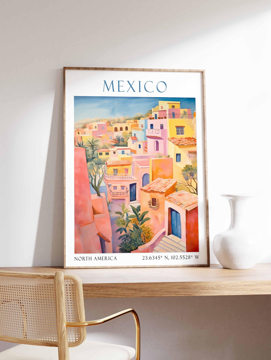 Mexico Colorful Colonial Hillside Village Watercolor Travel Poster - Image 3