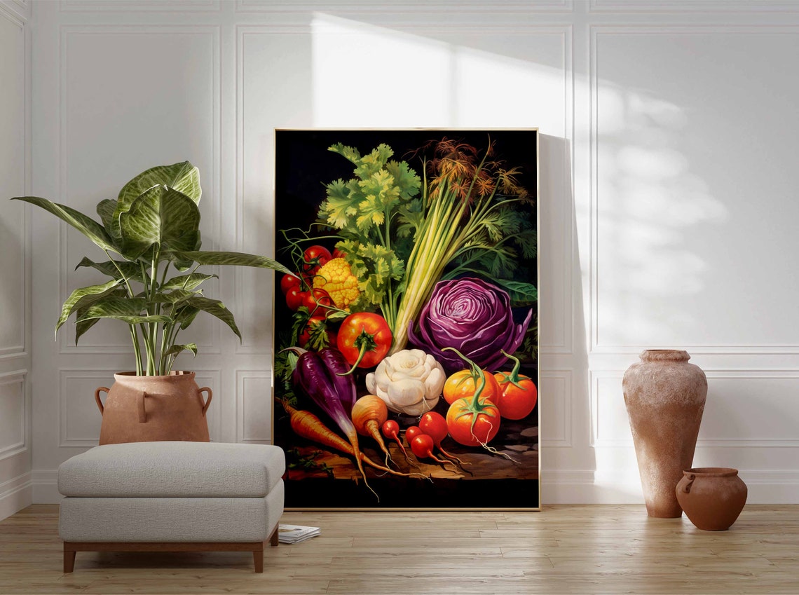Moody Oil Painting Vegetable Still Life Tomatoes Cabbage Poster - Image 3