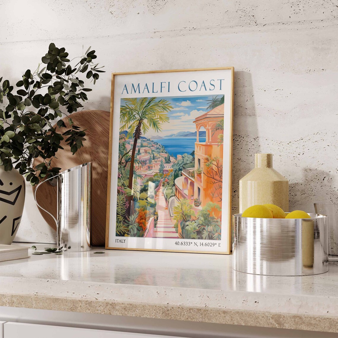 Amalfi Coast Italy Travel Poster with Palm Trees and Seaside Stairs - Image 3