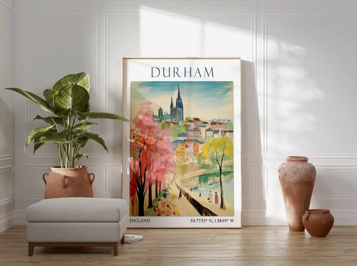 Durham Cathedral with Riverside Pink Blossom Trees Poster Art - Image 2