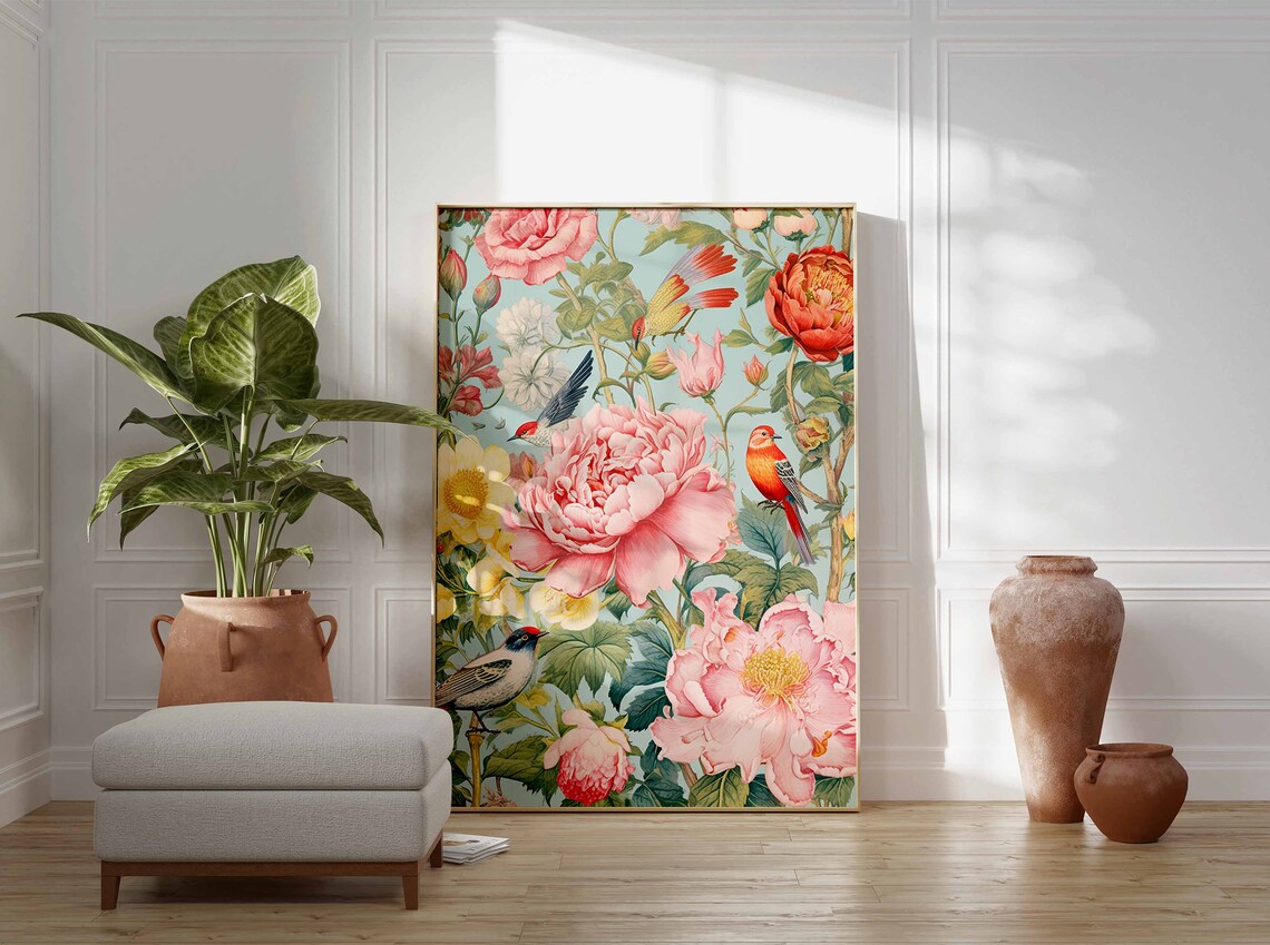 Pink Peony And Songbird Chinoiserie Style Garden Scene Poster - Image 3