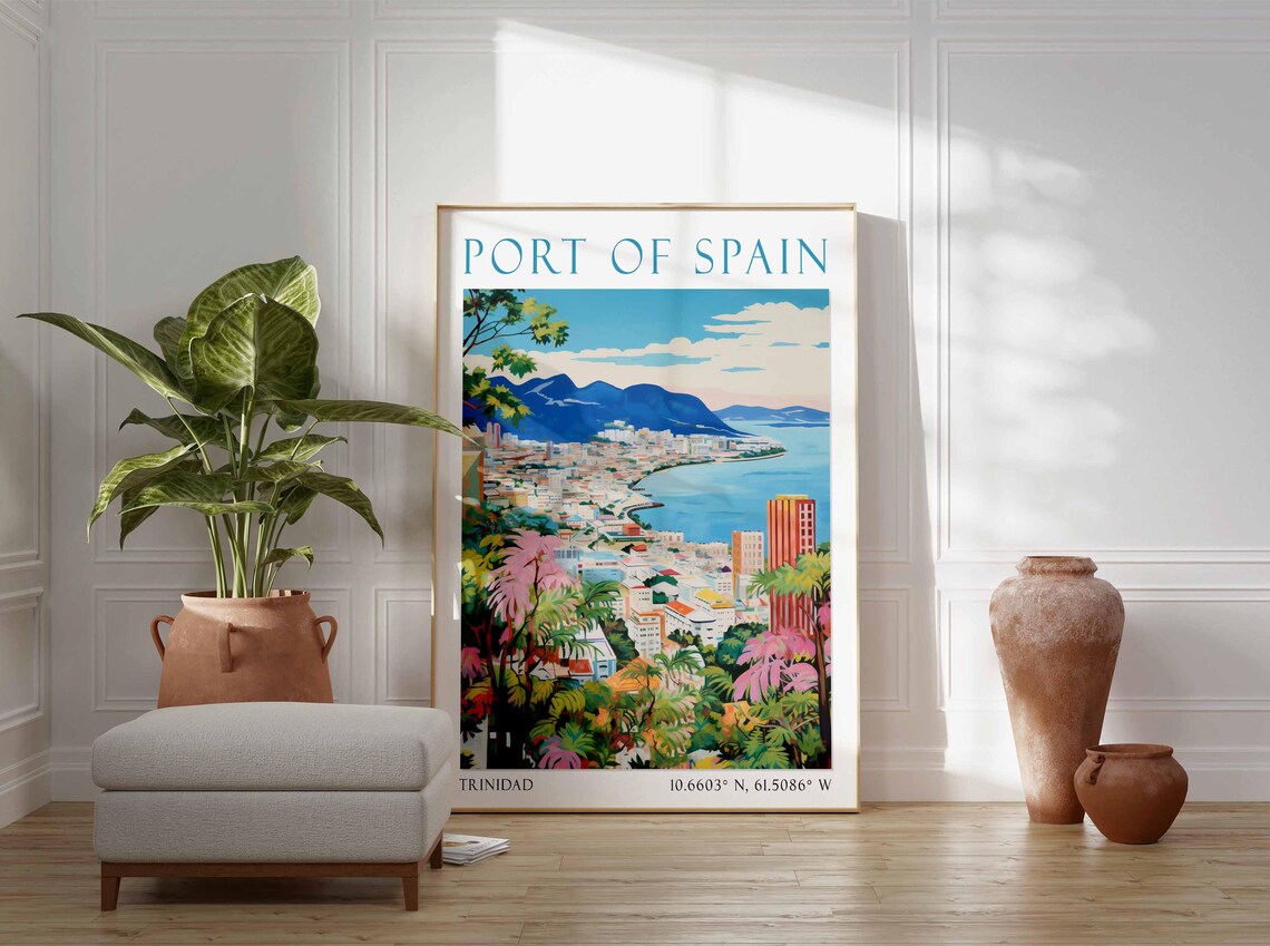 Port of Spain Trinidad Bay Mountains Watercolor Travel Poster - Image 3