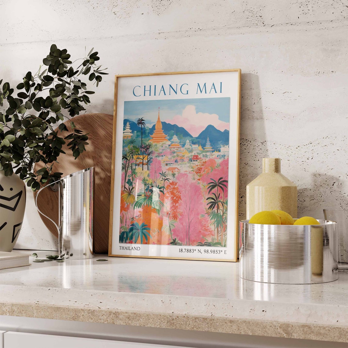 Chiang Mai Temples Among Pink Flowering Trees Thailand Poster - Image 3