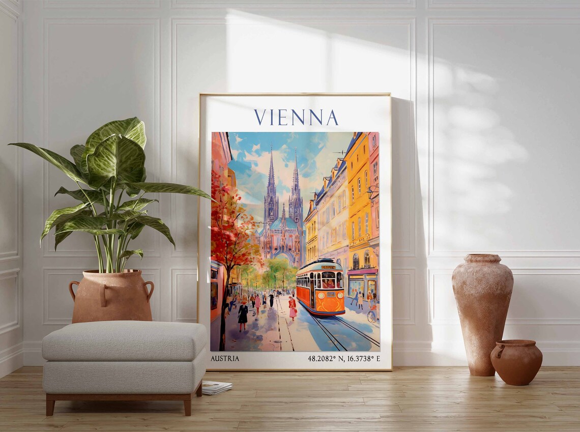 Vienna Orange Tram Cathedral Street Watercolor Travel Poster - Image 2