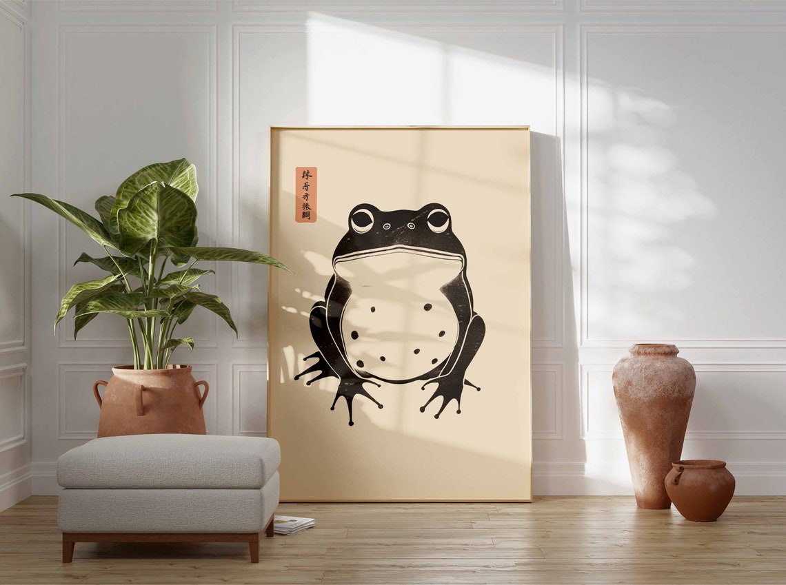 Japanese Frog Woodblock Style Spotted Frog Front View Poster - Image 2