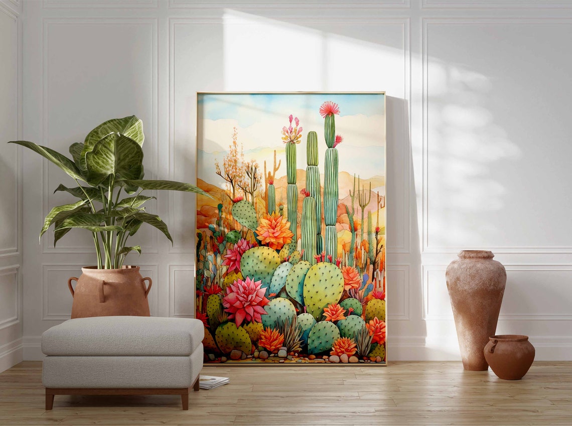 Watercolor Desert Garden with Flowering Cacti and Succulents Poster - Image 3
