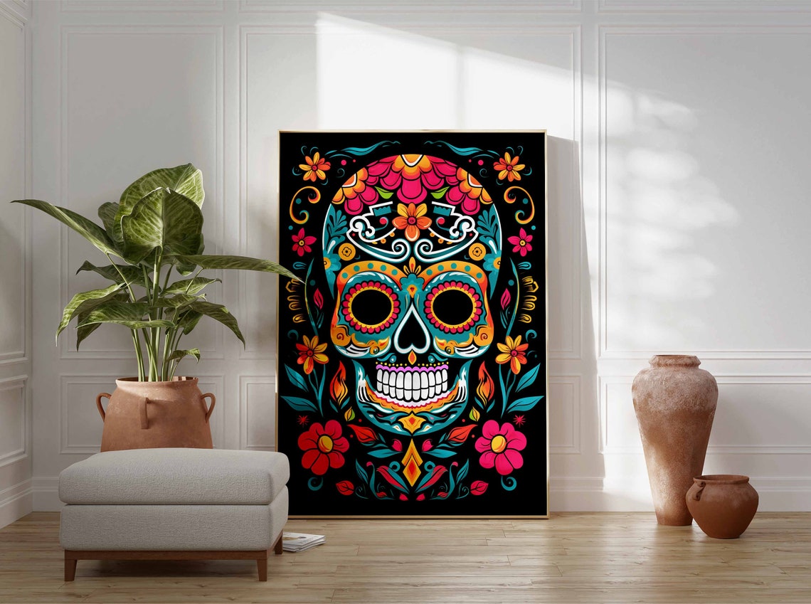 Bright Teal and Pink Sugar Skull Poster with Flower Crown on Black - Image 3
