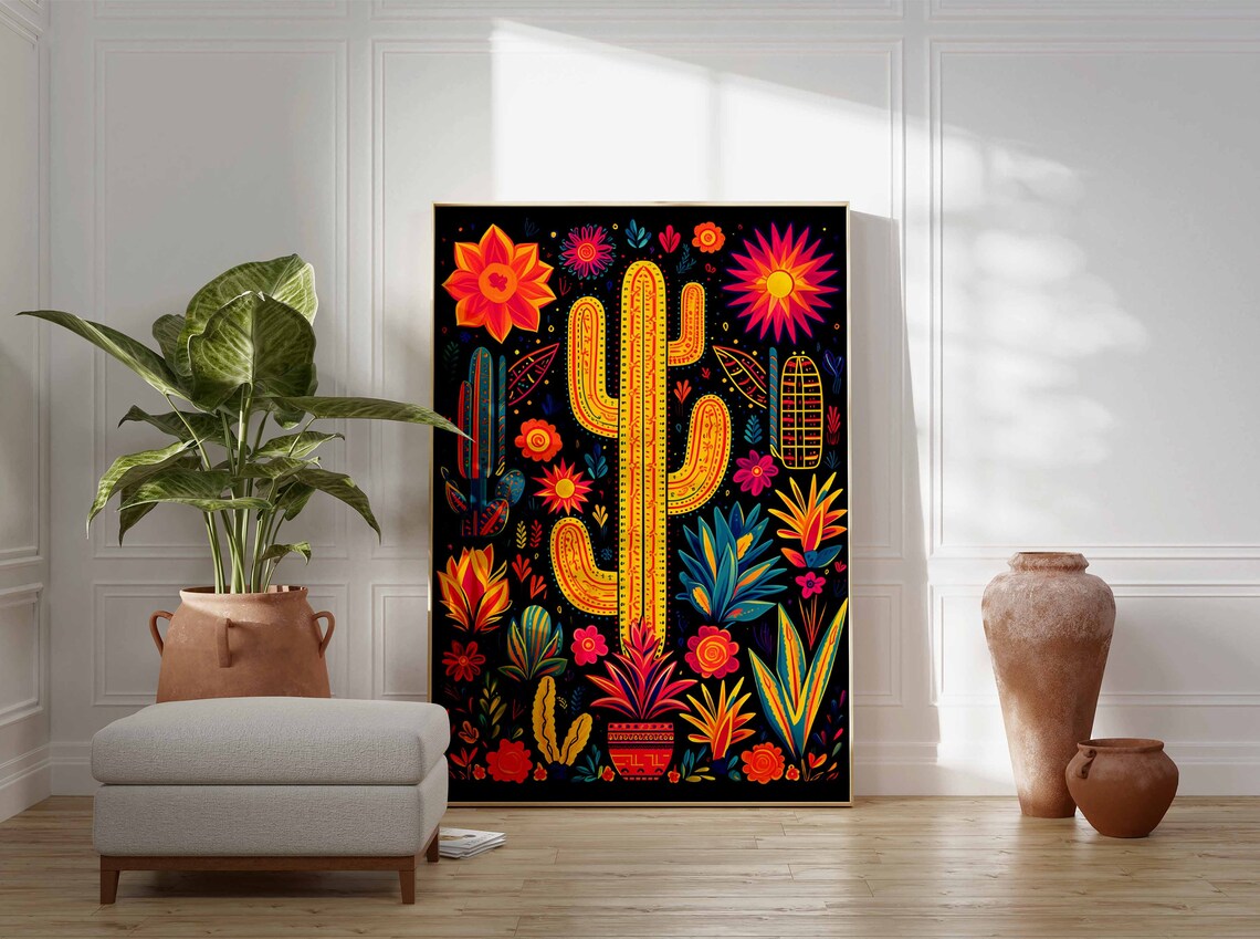 Festive Mexican Folk Art Giant Yellow Cactus Magenta Suns Poster - Image 2