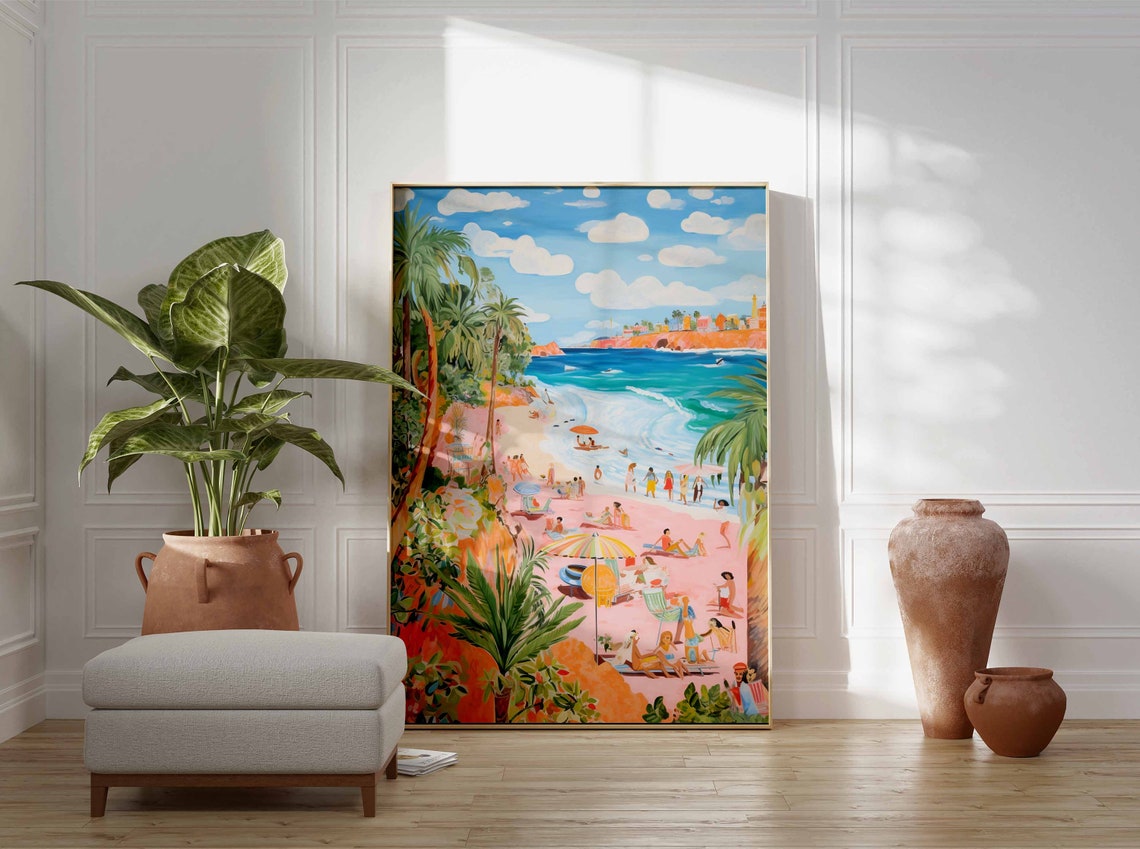 Crowded Pink Beach Surf Waves Rocky Headland Summer Day Poster - Image 3